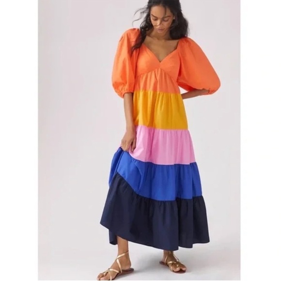 NWOT Anthropologie Farm Rio Puff Sleeve Ruffle Tiered Colorblock Maxi Dress XS - Picture 5 of 10